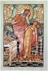 Le roi Midas et sa fille transformée en or, illustration de la légende mythologique grecque, publiée à Londres en 1910